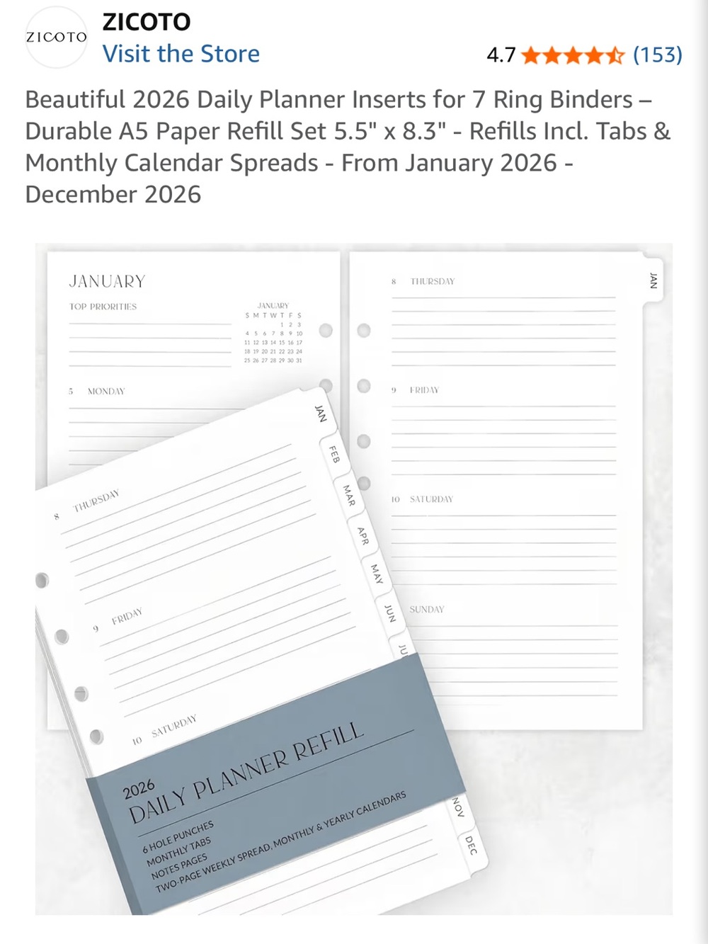 ZICOTO 2026 Daily Planner Refill - White Pages